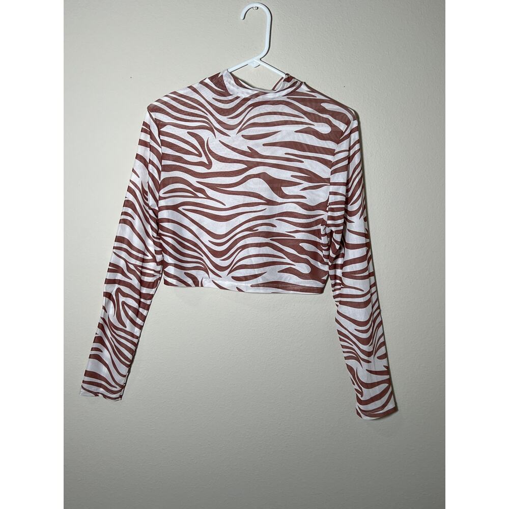 Y2K Zebra Print Mesh Crop Top-Long Sleeve Baby Tee- Festival Boho Grunge Size XL
